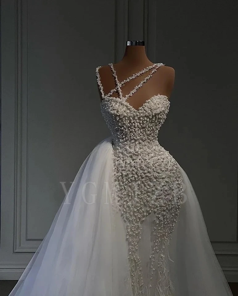 Pearls Beaded Wedding Dress Luxury Spaghetti Straps Feather with Overskirt White Bridal Gown 2 in1 Robe de mariée Customized