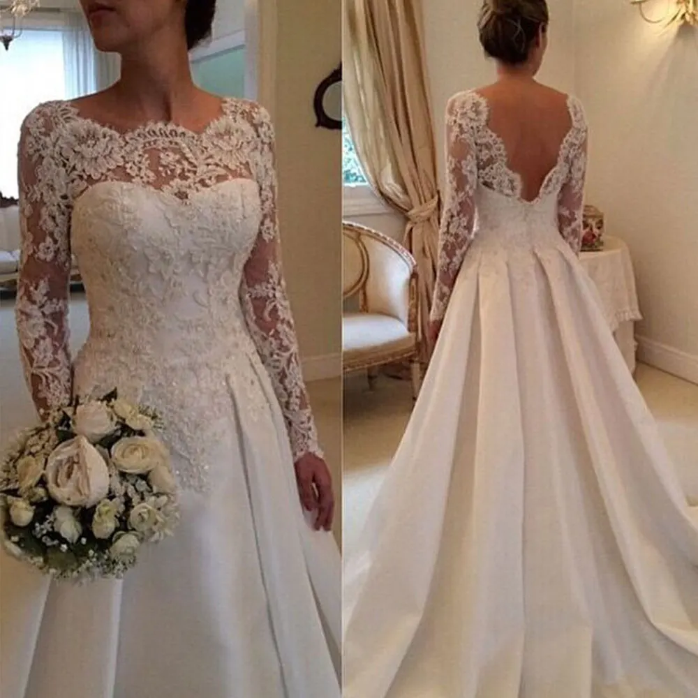 Elegant Lace Long Sleeves Wedding Dresses 2026 Backless Satin Bridal Gowns Customized 2026
