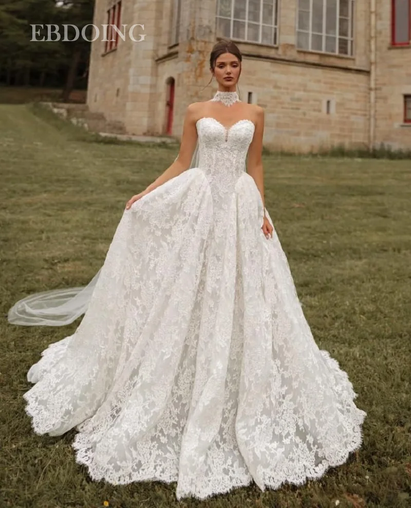 EBDOING Wedding Dress A-Line Lace Sweetheart Neckline Chapel Train With Detachable Flaps Customized Bride Gown