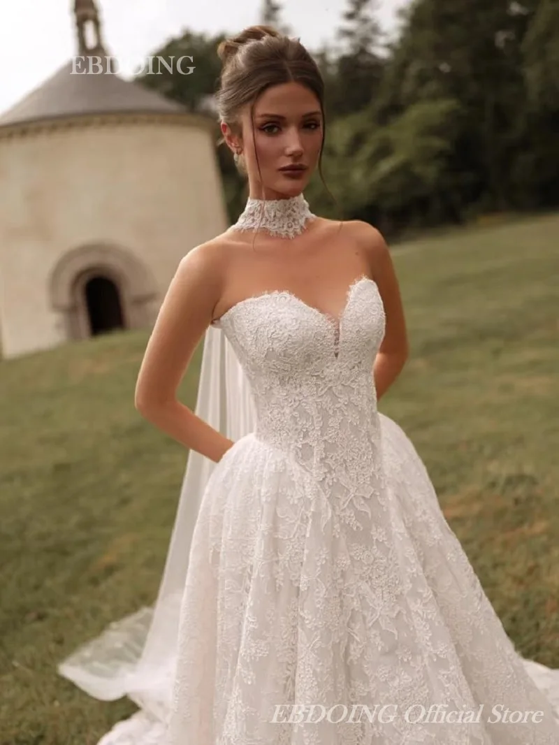 EBDOING Wedding Dress A-Line Lace Sweetheart Neckline Chapel Train With Detachable Flaps Customized Bride Gown