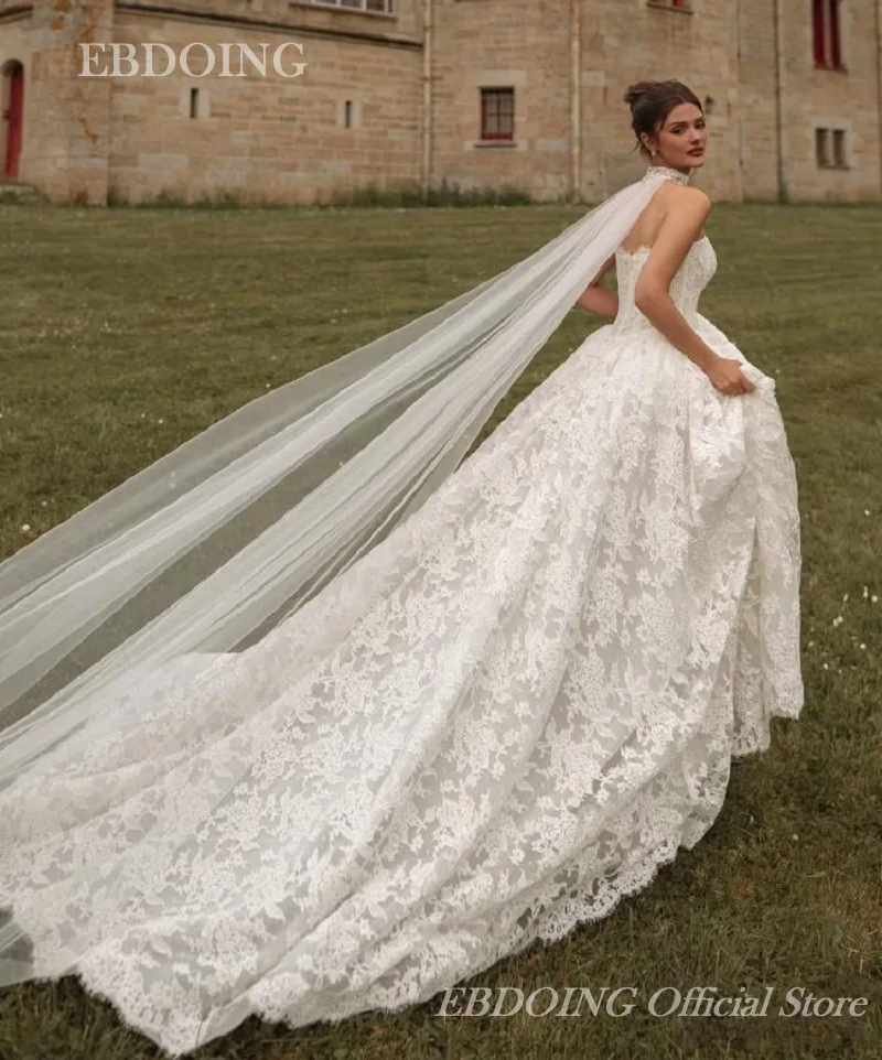 EBDOING Wedding Dress A-Line Lace Sweetheart Neckline Chapel Train With Detachable Flaps Customized Bride Gown