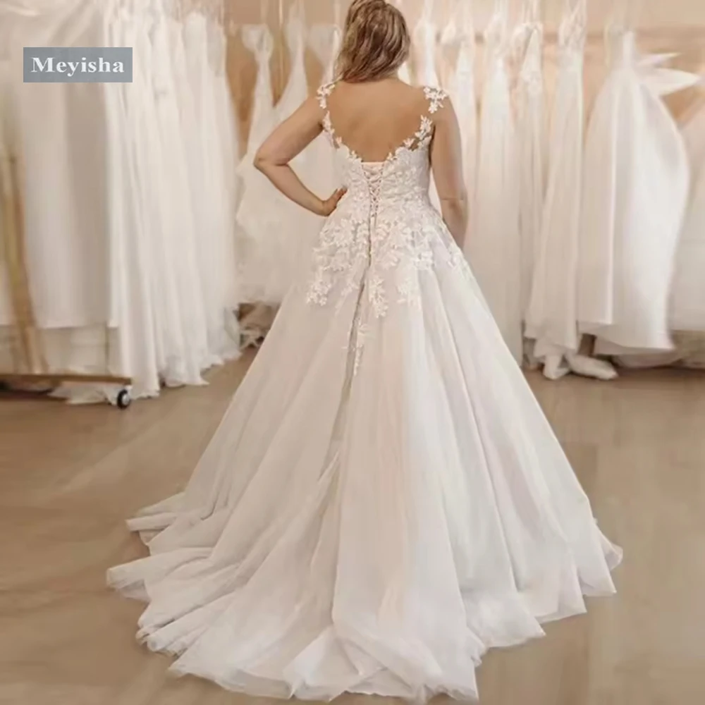 ZJ9433 A-line Wedding Dresses Princess V-neck Applique Lace Up Back Bridal Gowns Sweep Train White Beach Bride Dress