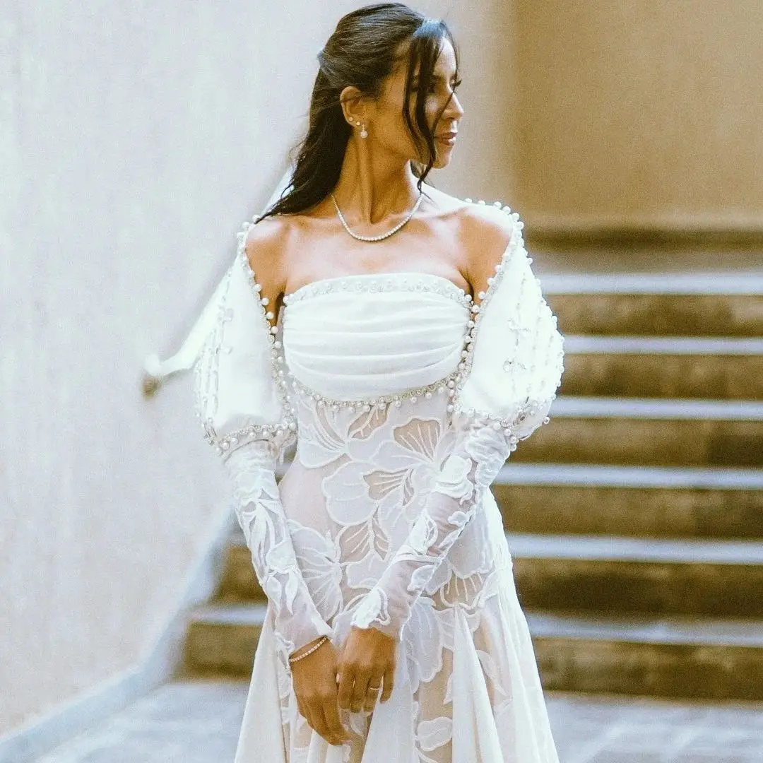 Hot Sale Embroidery Lace Bridal Dresses Sequins Beading Squre Crystal Pearls Mermaid Wedding Dress Removable Cape Sleeves