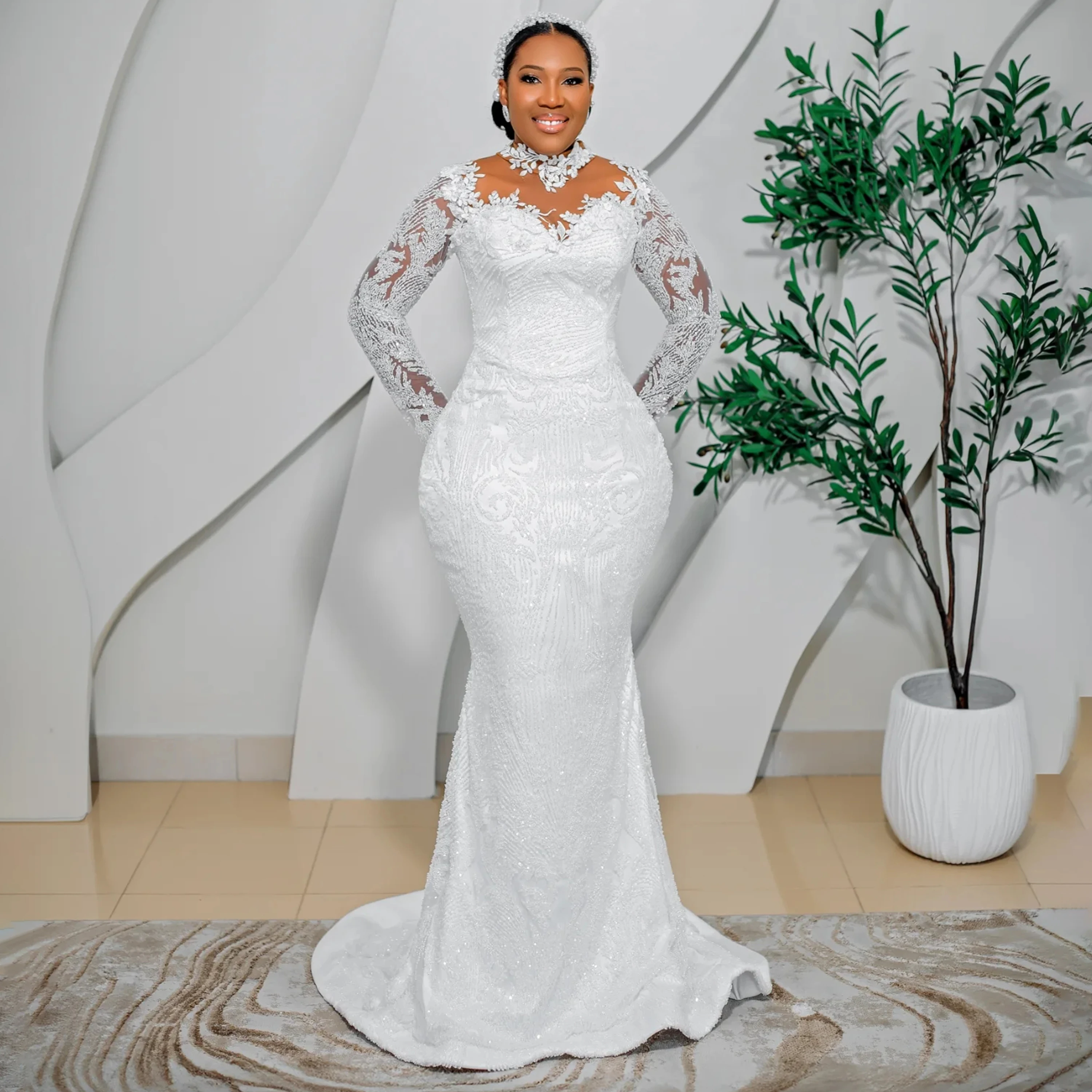 Mermaid Wedding Dresses Long Sleeve High Neck Bride Dress Lace Beading African Bridal Gown vestido de novia Customized
