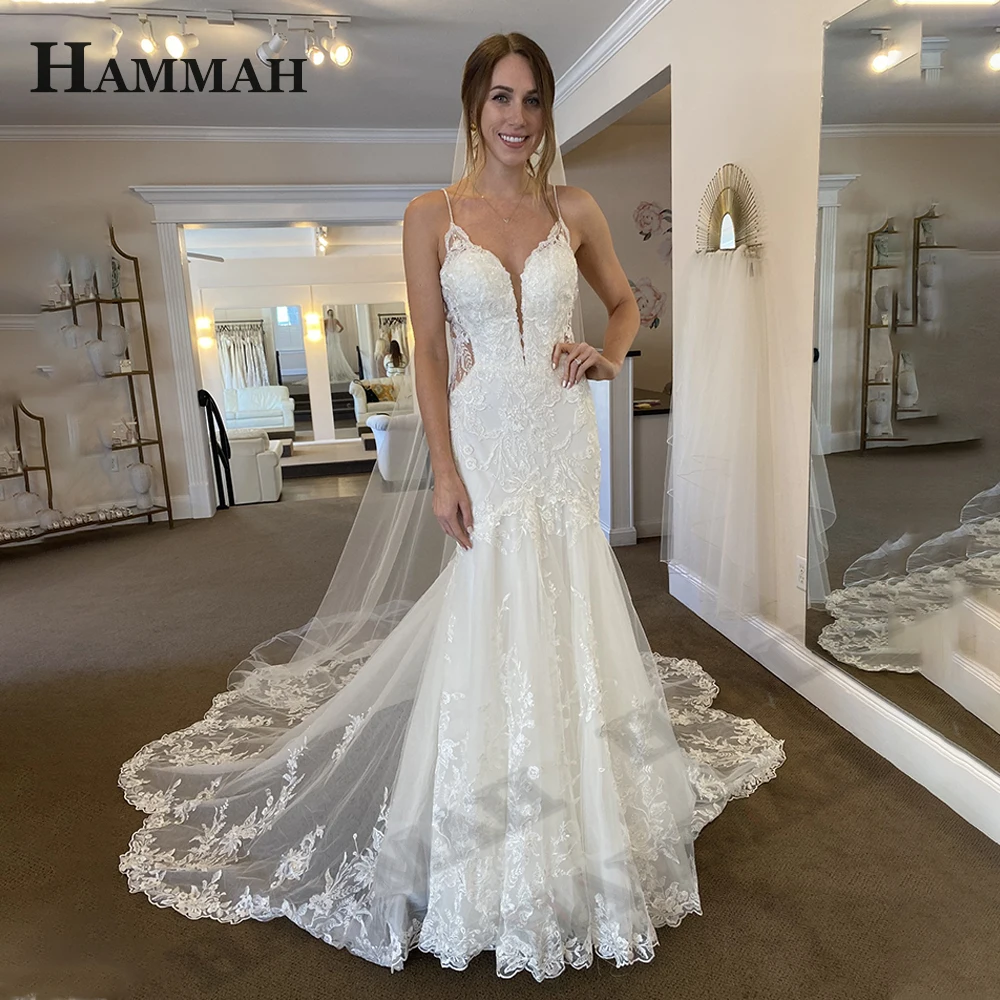 HAMMAH Luxury Trumpet Wedding Dresses Spaghetti Strap Appliques Lace Tulle Court Train Backless Vestidos De Novia Customized
