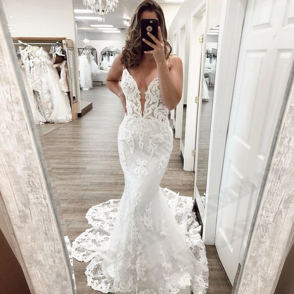 HAMMAH Luxury Trumpet Wedding Dresses Spaghetti Strap Appliques Lace Tulle Court Train Backless Vestidos De Novia Customized