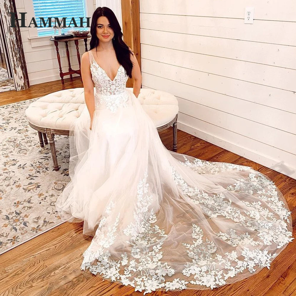 HAMMAH Luxury Trumpet Wedding Dresses Spaghetti Strap Appliques Lace Tulle Court Train Backless Vestidos De Novia Customized