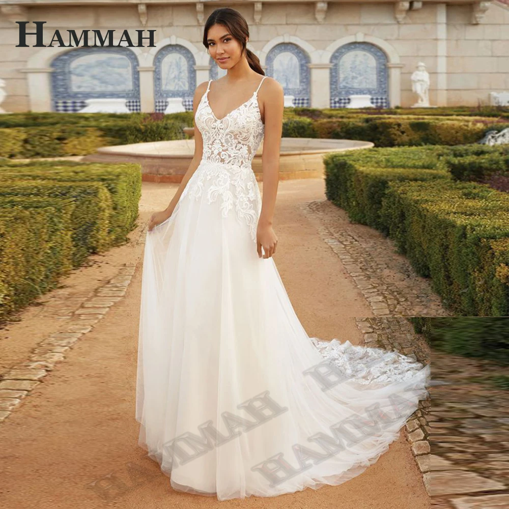 HAMMAH Luxury Trumpet Wedding Dresses Spaghetti Strap Appliques Lace Tulle Court Train Backless Vestidos De Novia Customized