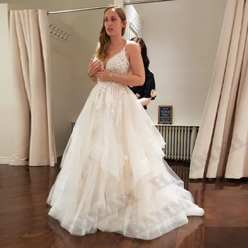 HAMMAH Luxury Trumpet Wedding Dresses Spaghetti Strap Appliques Lace Tulle Court Train Backless Vestidos De Novia Customized
