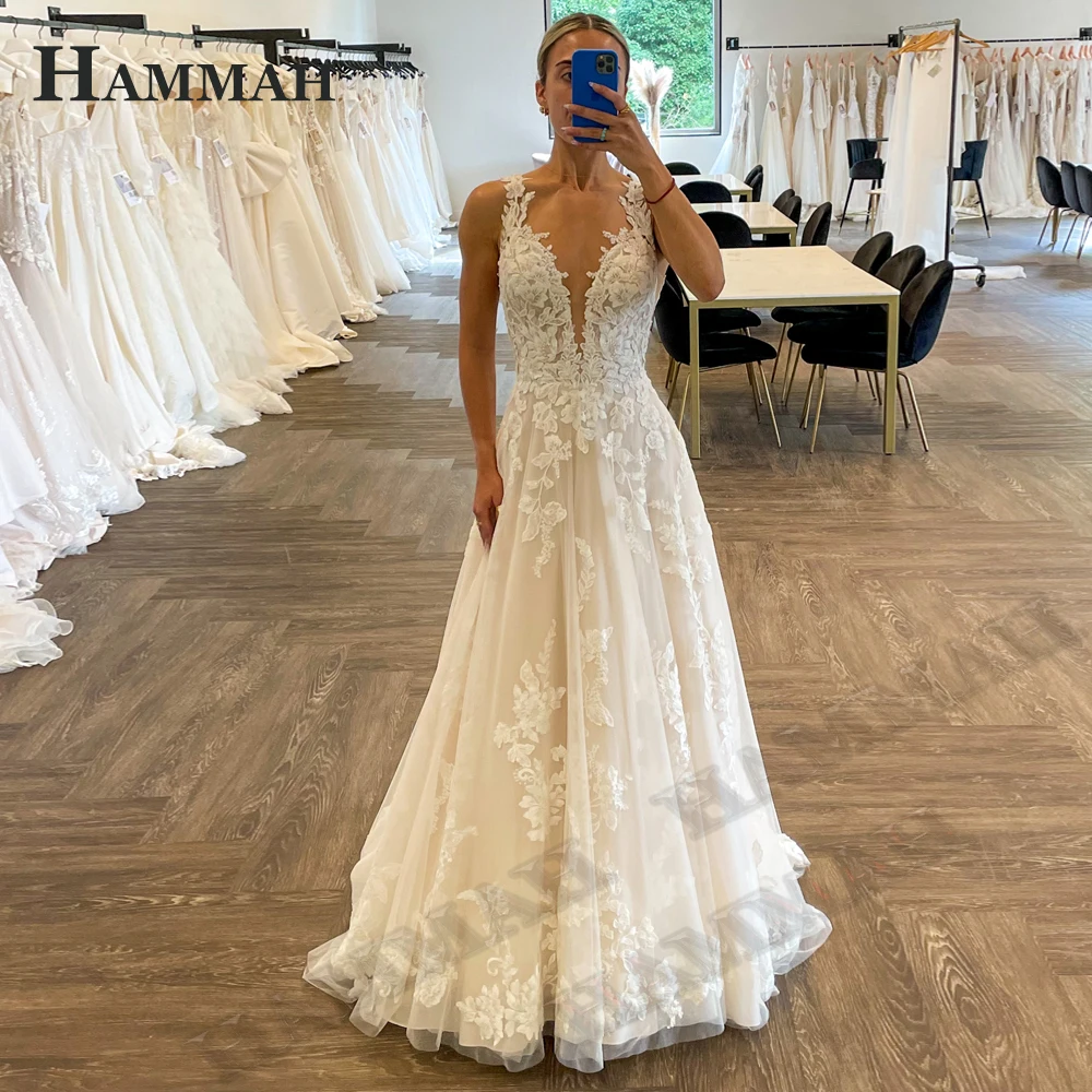 HAMMAH Luxury Trumpet Wedding Dresses Spaghetti Strap Appliques Lace Tulle Court Train Backless Vestidos De Novia Customized