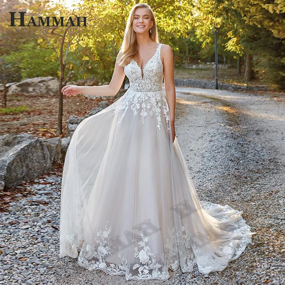 HAMMAH Luxury Trumpet Wedding Dresses Spaghetti Strap Appliques Lace Tulle Court Train Backless Vestidos De Novia Customized