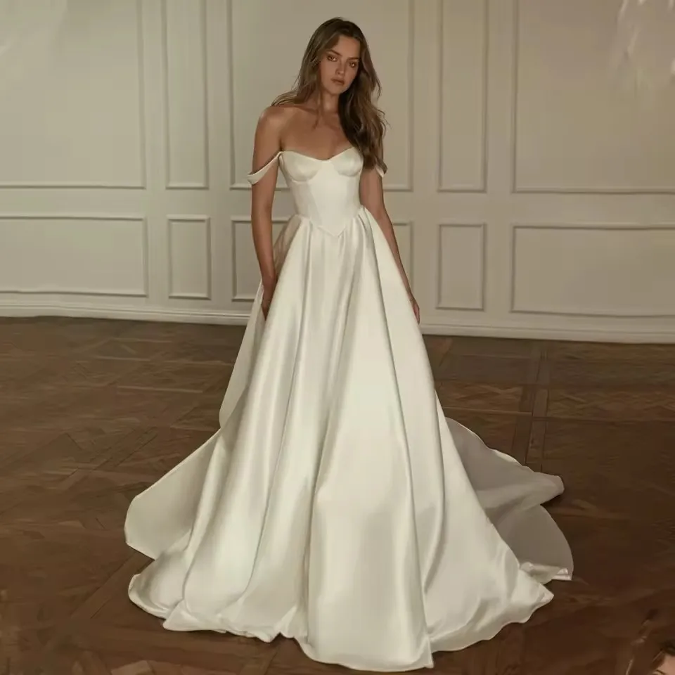 Luxurious Two Strapls Satin A Line Wedding Dresses Sweep Train Custom Made Vestido De Noival Customized