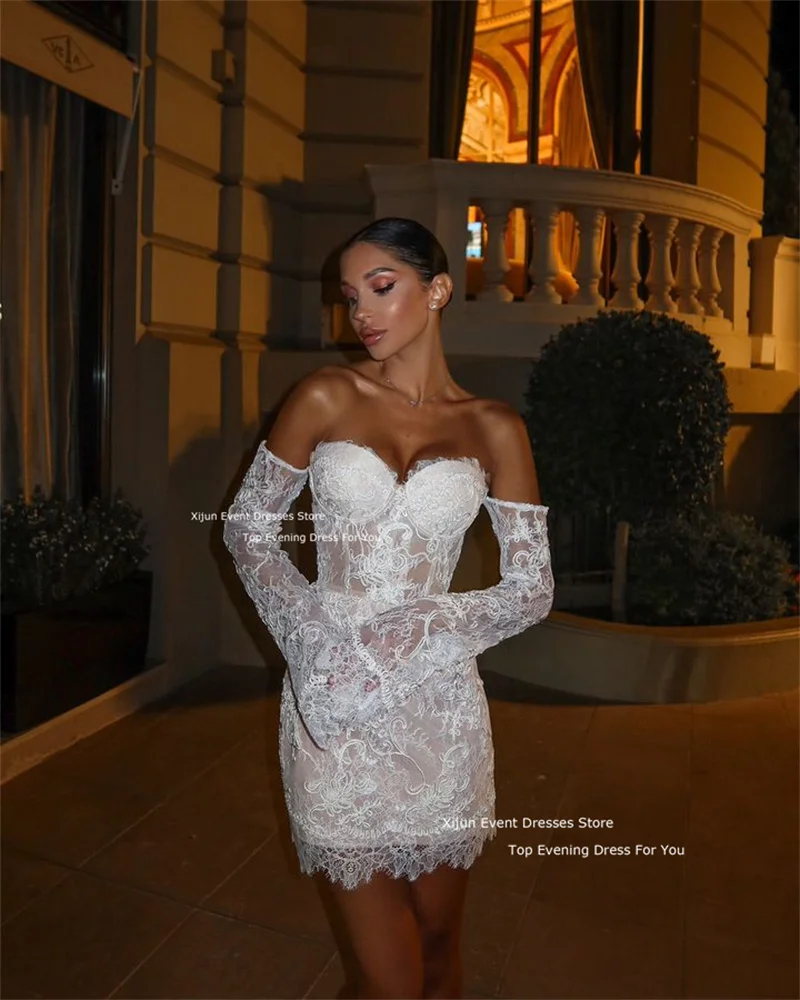 Xijun Modern Short Lace Wedding Dresses Sweetheart Sleeves Off The Shoulder Prom Dresses Mini Wedding Party Gowns 2025 Occasion