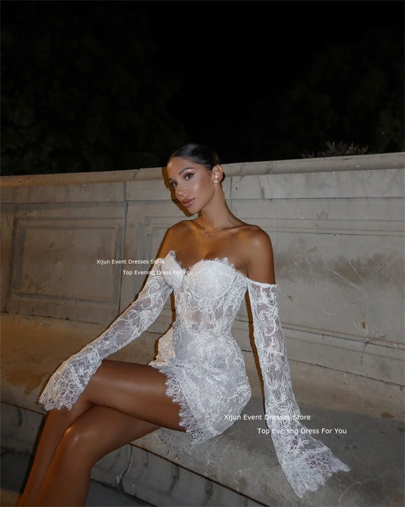 Xijun Modern Short Lace Wedding Dresses Sweetheart Sleeves Off The Shoulder Prom Dresses Mini Wedding Party Gowns 2025 Occasion