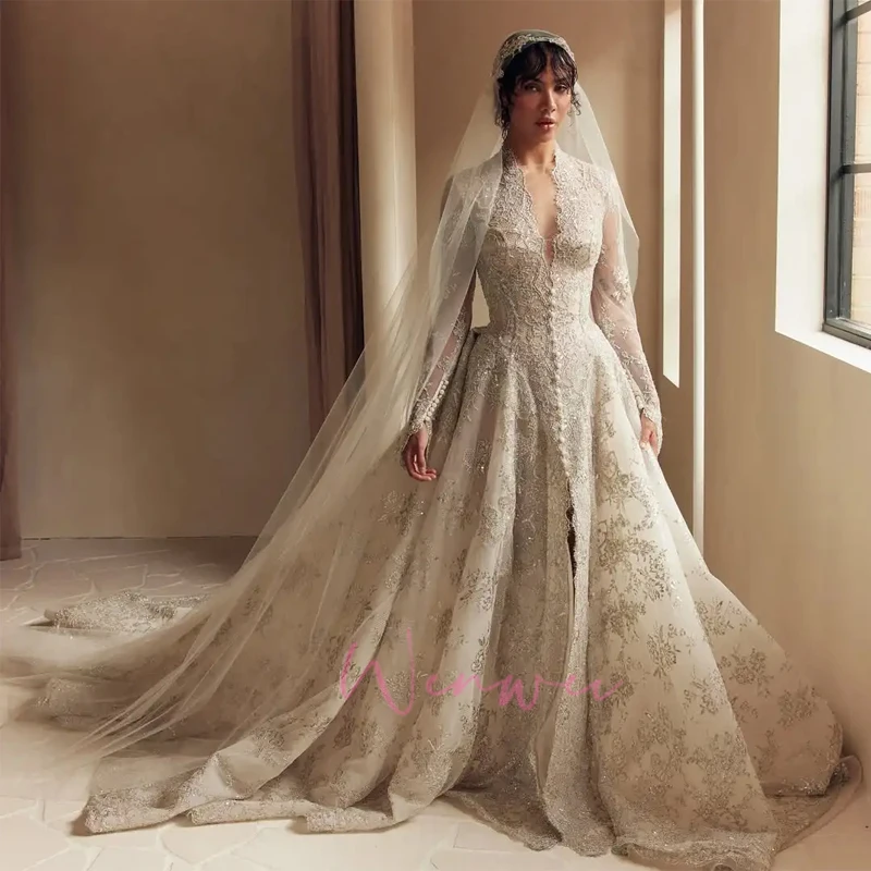 Luxury V-Neck Long Sleeve Romantic Design A-line Beauty Elegant Wedding Bride Dress Shimmering Customized Vestidos De Novia