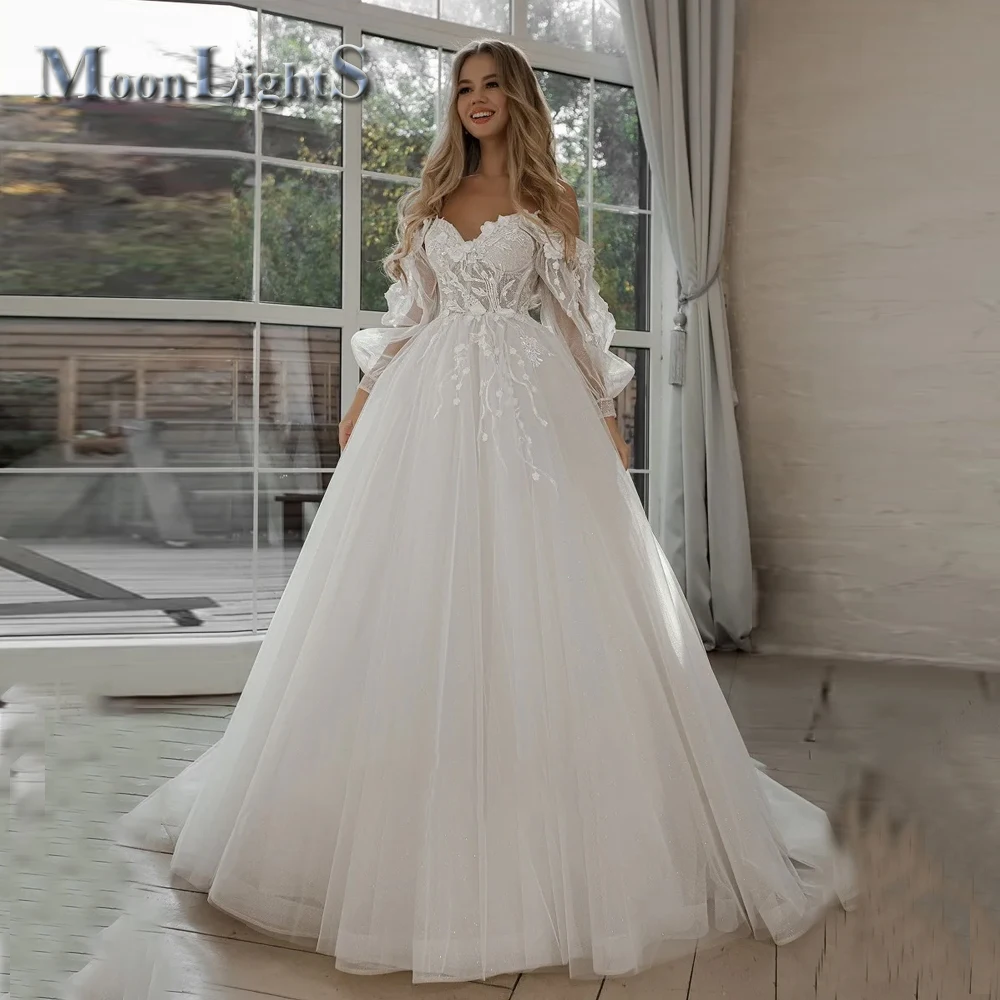 Moonlight Glitter Wedding Dresses Puff Sleeve Appliques Lace 3D Flower off Shoulder Tulle Bride Gown Customized vestidosdenovia