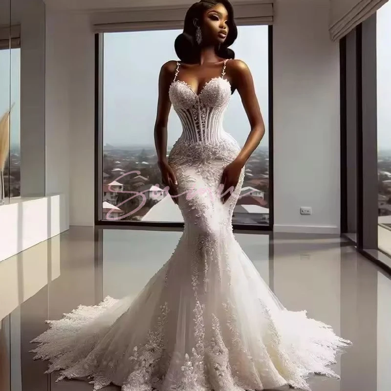 Customzied Elegant Wedding Gown Lace Mermaid Luxury Bride Robe Evening Dress Corset Spaghetti Straps Vestido De Novia