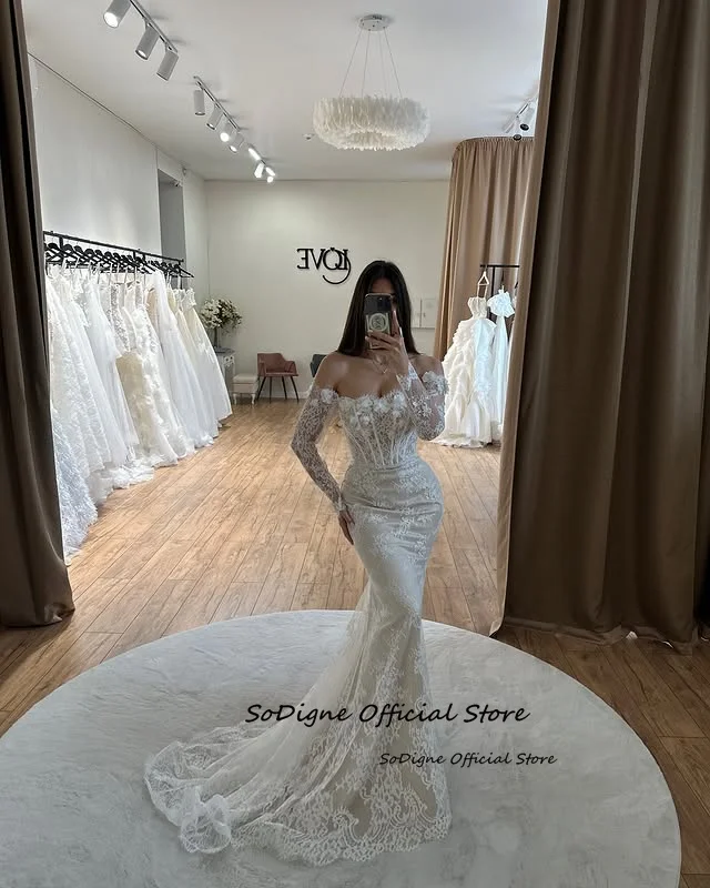 SoDigne Mermaid Lace Wedding Dresses Off Shoulder Long Sleeves Bridal Dress Boho Wedding Gown Robe De Mairee Customized