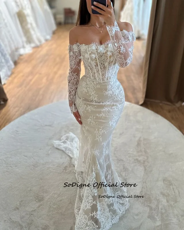 SoDigne Mermaid Lace Wedding Dresses Off Shoulder Long Sleeves Bridal Dress Boho Wedding Gown Robe De Mairee Customized