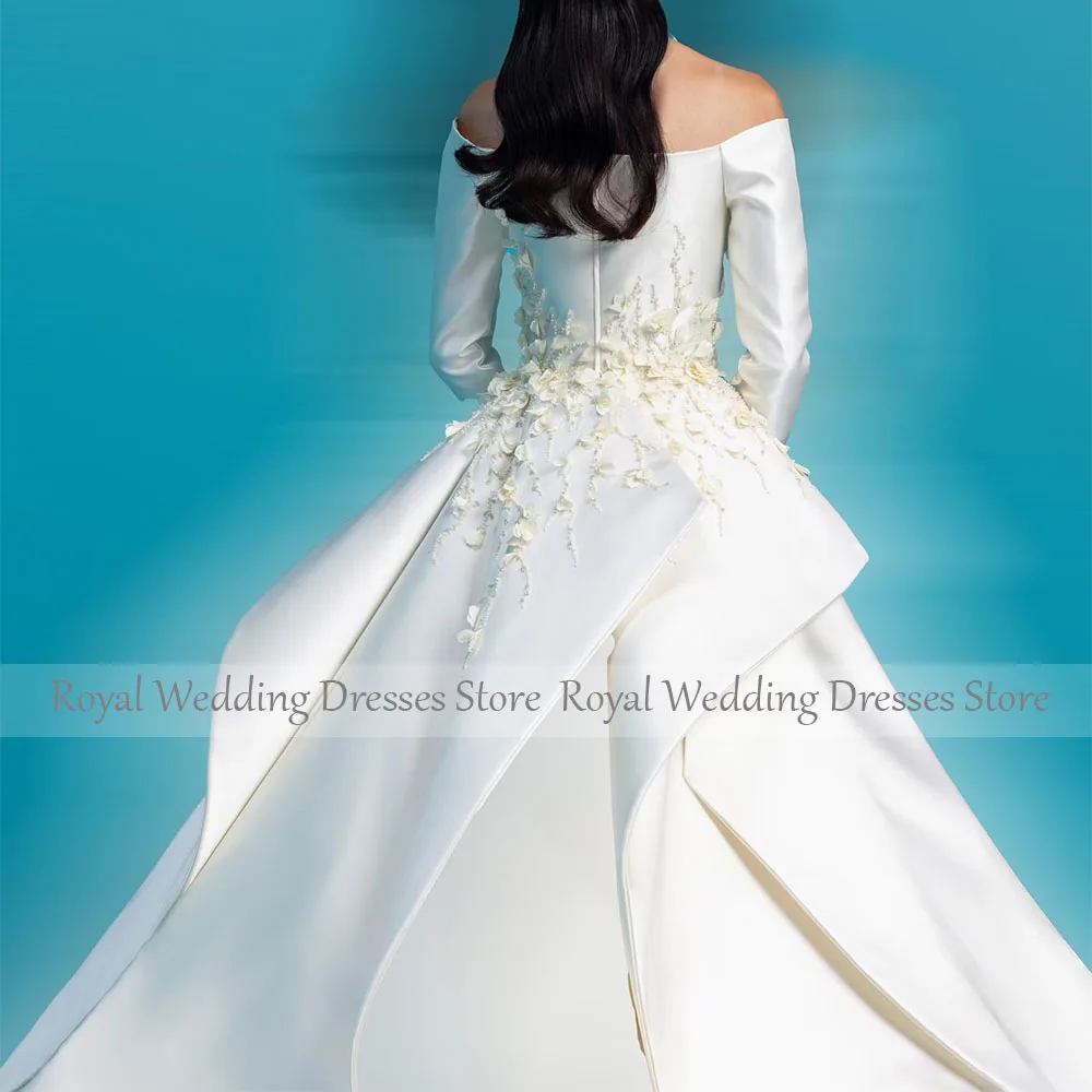 Luxury Wedding Dress Off the Shoulder Long Sleeves Column Wedding Gown with Detachable Train Flowers Beaded Bridal Dresses Satin