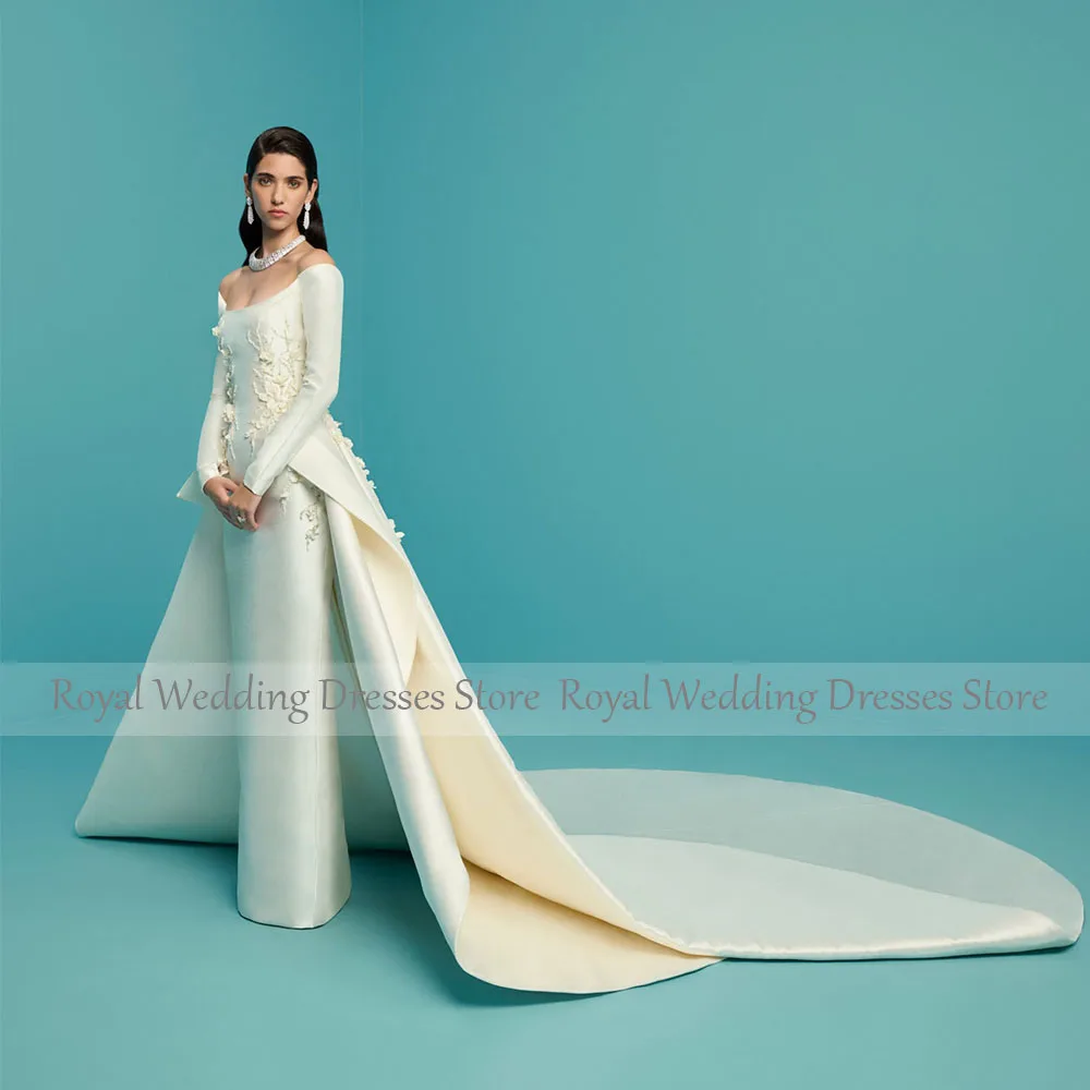 Luxury Wedding Dress Off the Shoulder Long Sleeves Column Wedding Gown with Detachable Train Flowers Beaded Bridal Dresses Satin