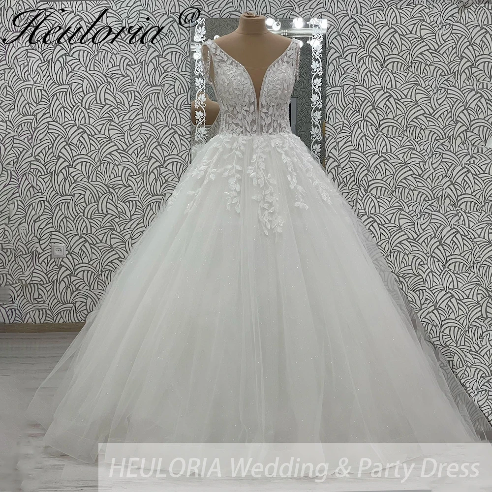 HEULORIA Elegant V Neck Wedding Gowns For Women 2025 Vestido De Novia Lace Bead Customized Long Bridal Dresses Lace Up Back