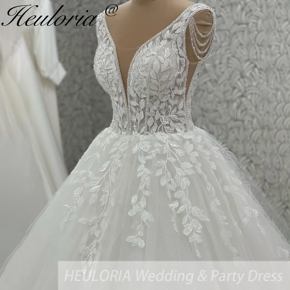 HEULORIA Elegant V Neck Wedding Gowns For Women 2025 Vestido De Novia Lace Bead Customized Long Bridal Dresses Lace Up Back