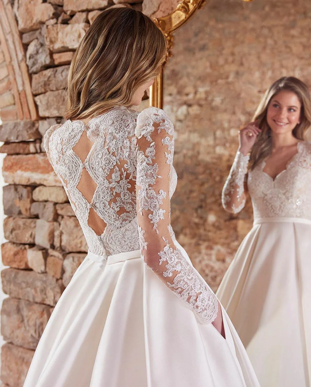 SoDigne Elegant Women Wedding Dresses With Pocket V Neck Long Sleeves Appliques Bride Dress Satin Long Bridal Gowns Customized