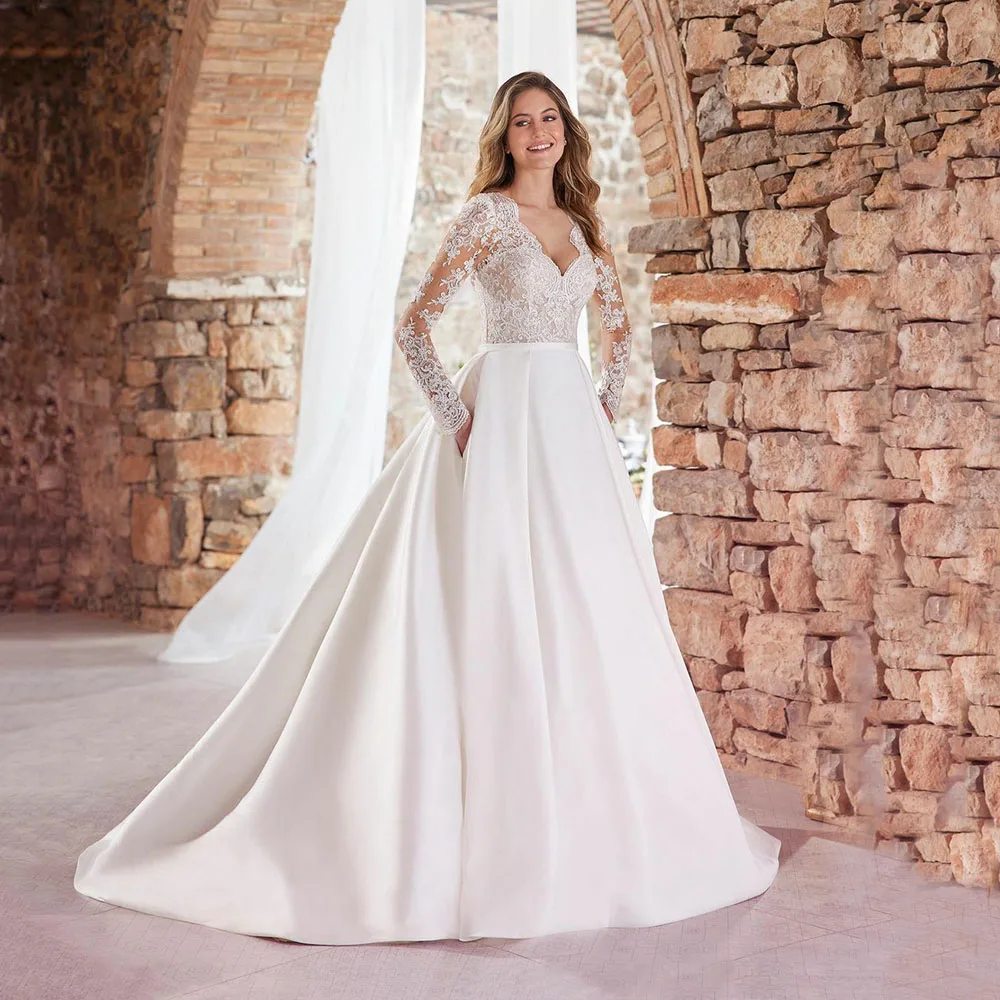 SoDigne Elegant Women Wedding Dresses With Pocket V Neck Long Sleeves Appliques Bride Dress Satin Long Bridal Gowns Customized