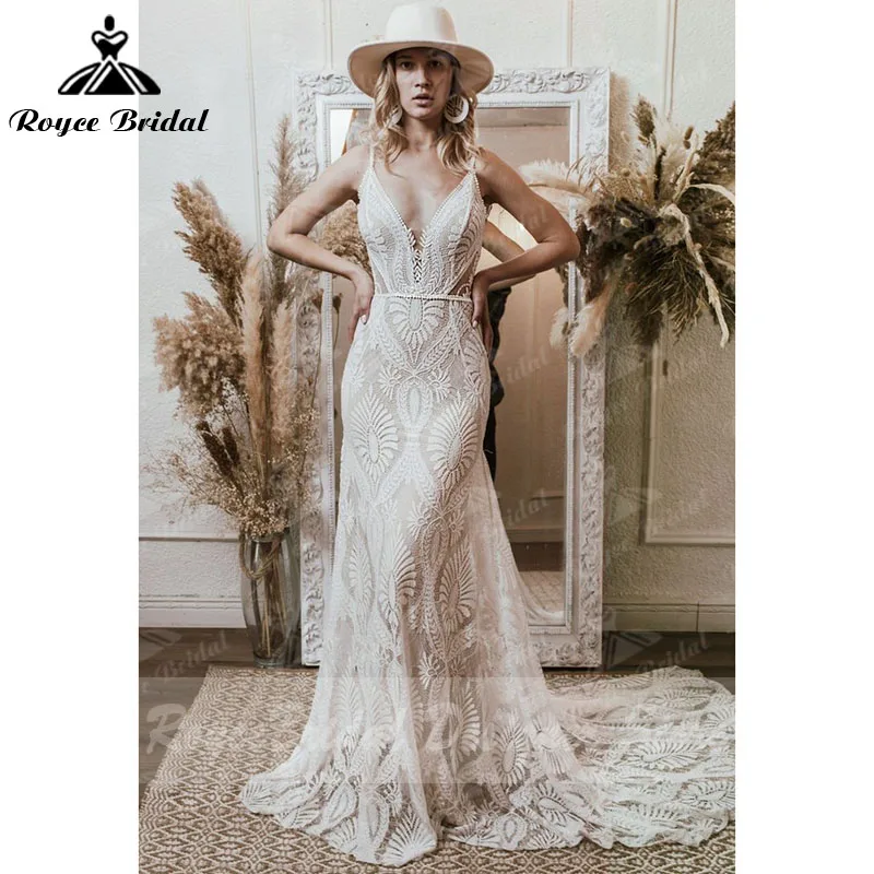 Vestido Bohemian Wedding Dress V Neck Lace Boho Spaghetti Straps Backless Beach Bridal Gowns Vestido de novia Customized 2025