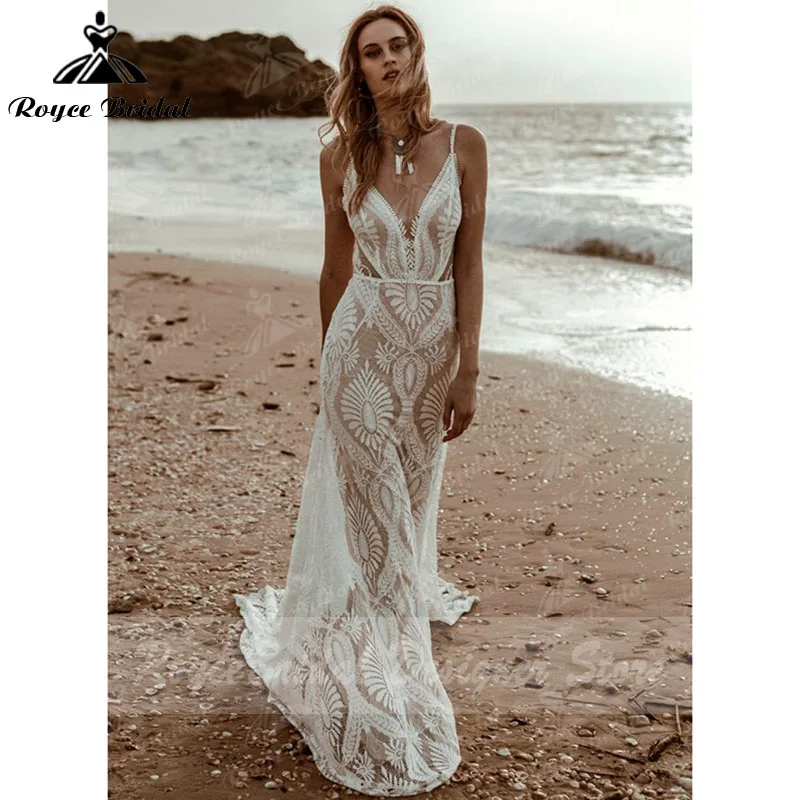 Vestido Bohemian Wedding Dress V Neck Lace Boho Spaghetti Straps Backless Beach Bridal Gowns Vestido de novia Customized 2025