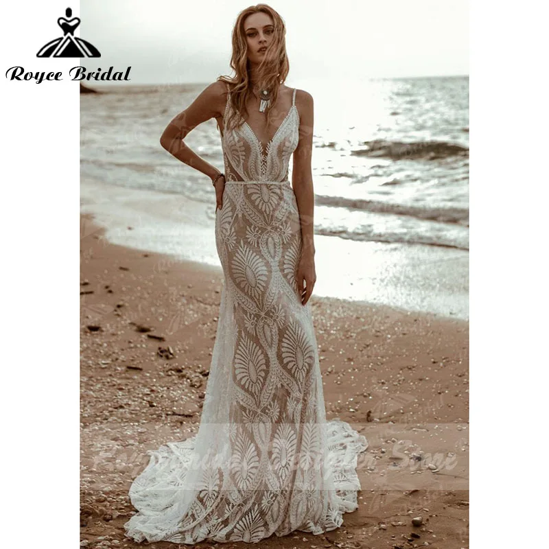 Vestido Bohemian Wedding Dress V Neck Lace Boho Spaghetti Straps Backless Beach Bridal Gowns Vestido de novia Customized 2025