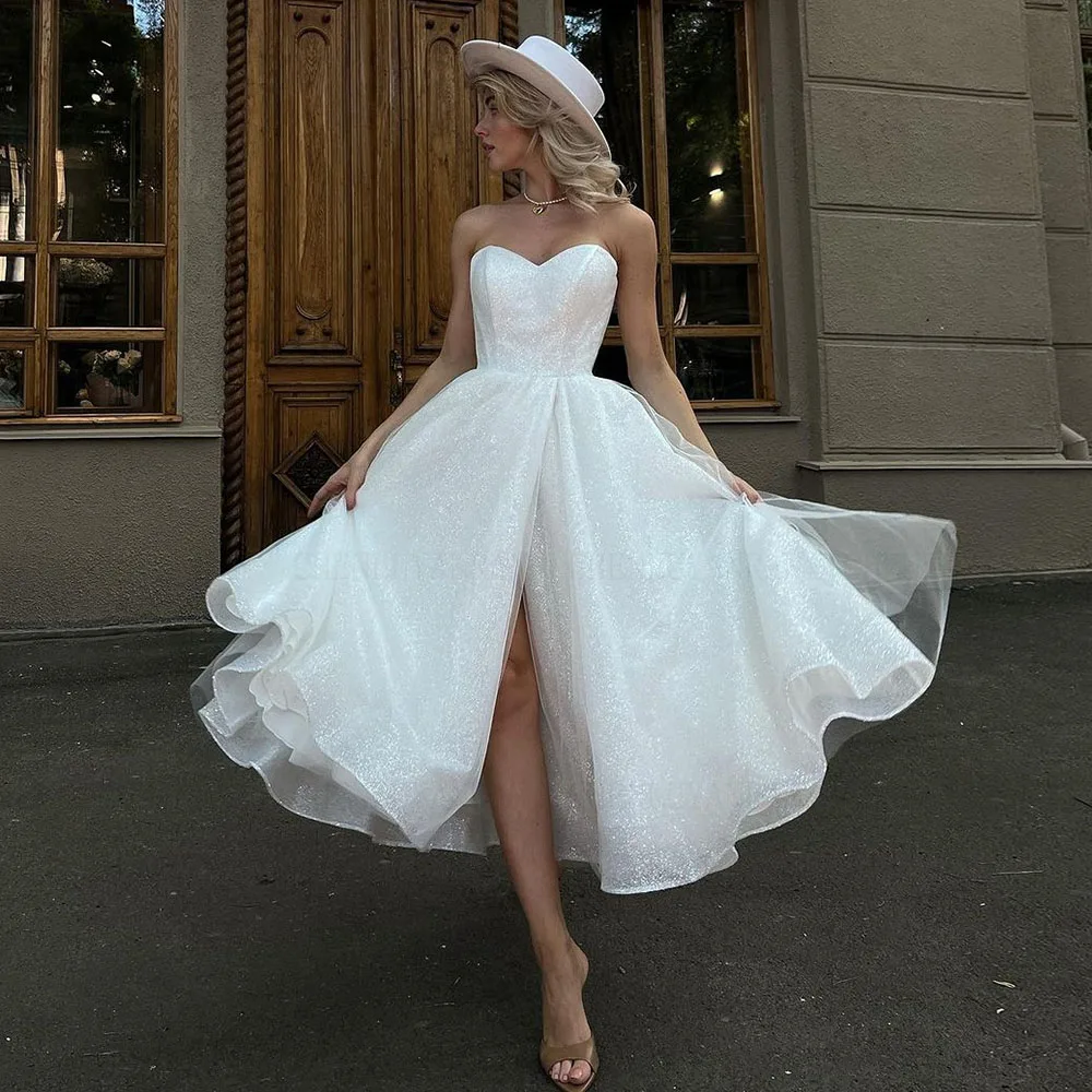 Glitter Ivory Wedding Dresses With Pockets Tea-Length Tulle Bride Dress Strapless Slit Sexy Dress For Women 2025 Robe De Mariee