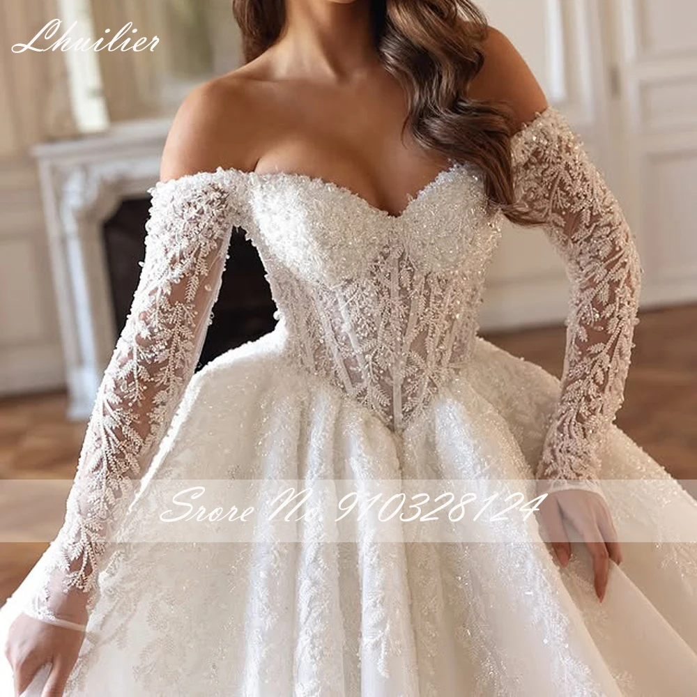 Lhuilier Customized Ball Gown Lace Wedding Dresses Off the Shoulder Illusion Beaded Bridal Gown with Chapel Train