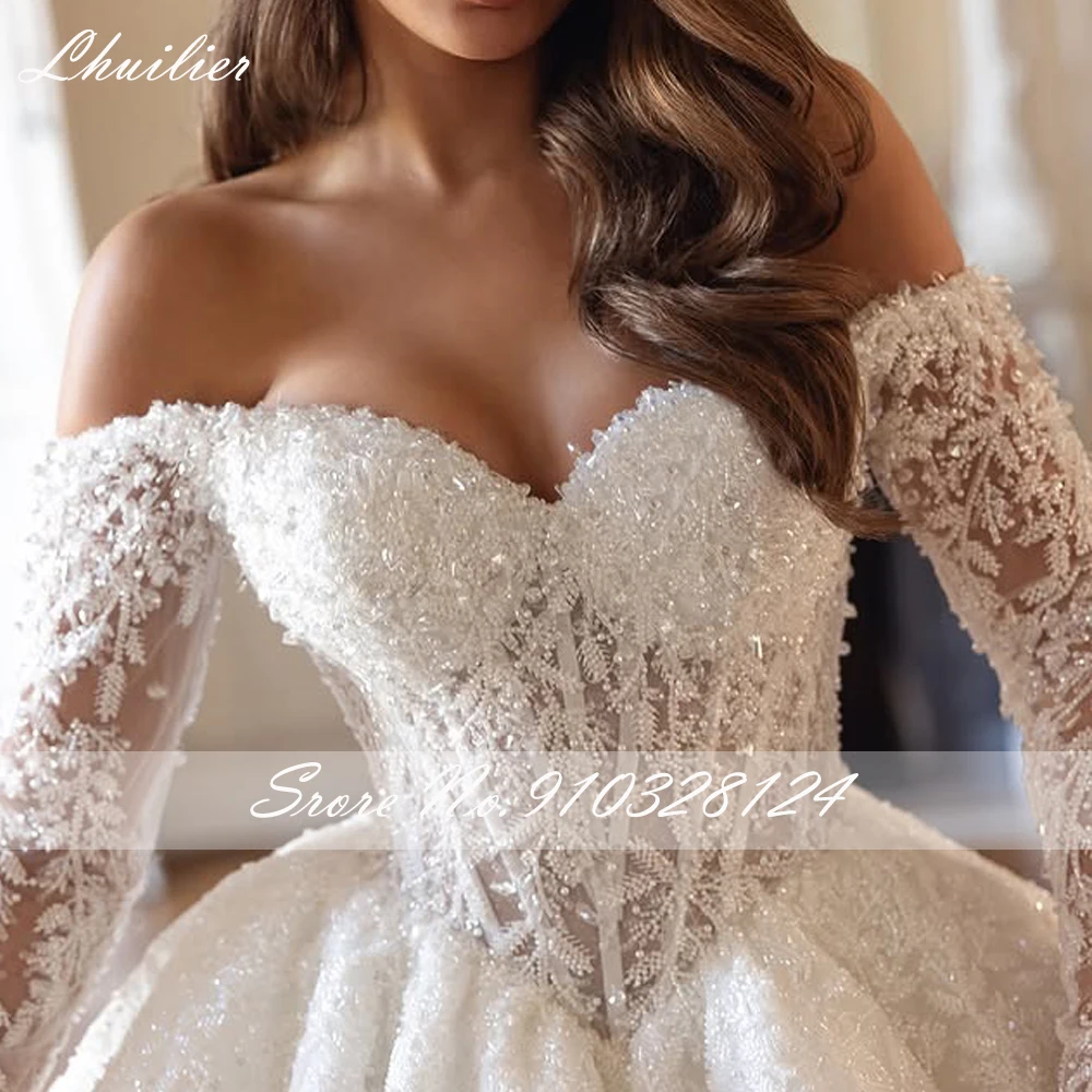 Lhuilier Customized Ball Gown Lace Wedding Dresses Off the Shoulder Illusion Beaded Bridal Gown with Chapel Train