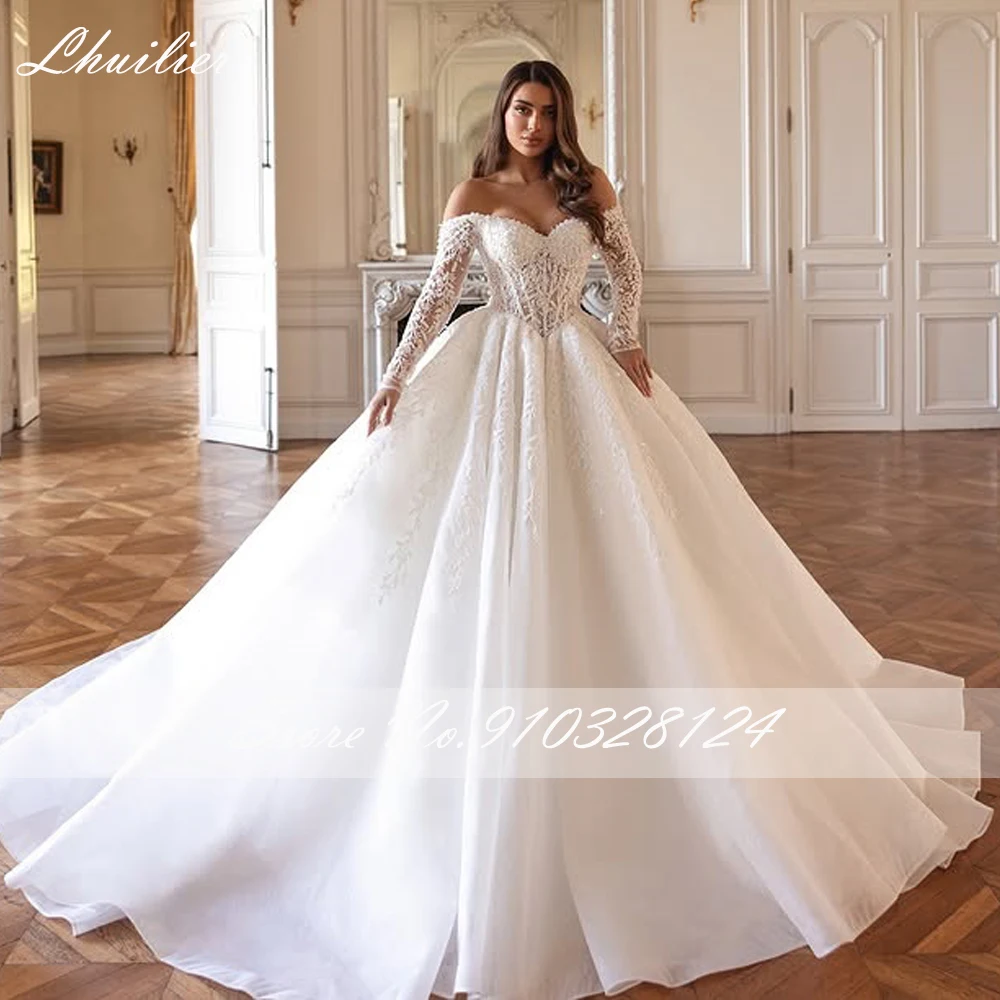 Lhuilier Customized Ball Gown Lace Wedding Dresses Off the Shoulder Illusion Beaded Bridal Gown with Chapel Train
