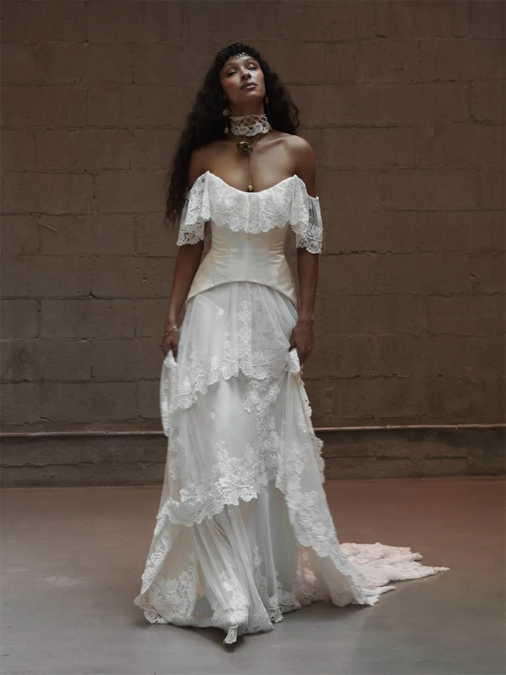 Tokyo Gothic Off Shoulder Lace Bohemian Wedding Dress Tiered Corset Bridal Gown Vintage Romantic Forest Beach Elopement Gowns