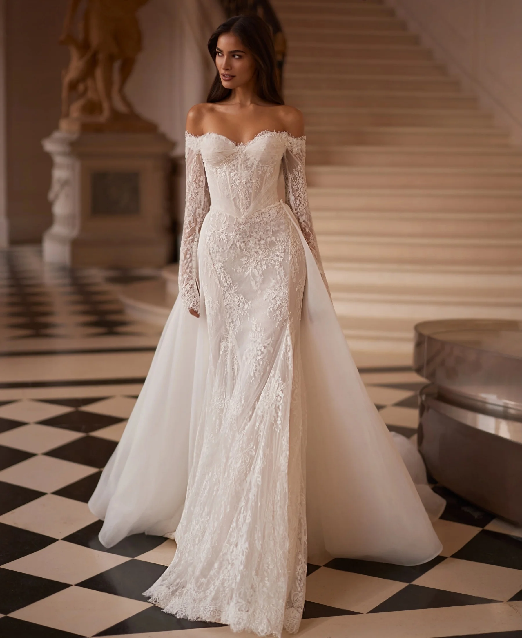 Lace Appliques Mermaid Wedding Dress With Detachable Train Graceful Romantic Off-the-shoulder Zipper Back Bridal Gown Customized