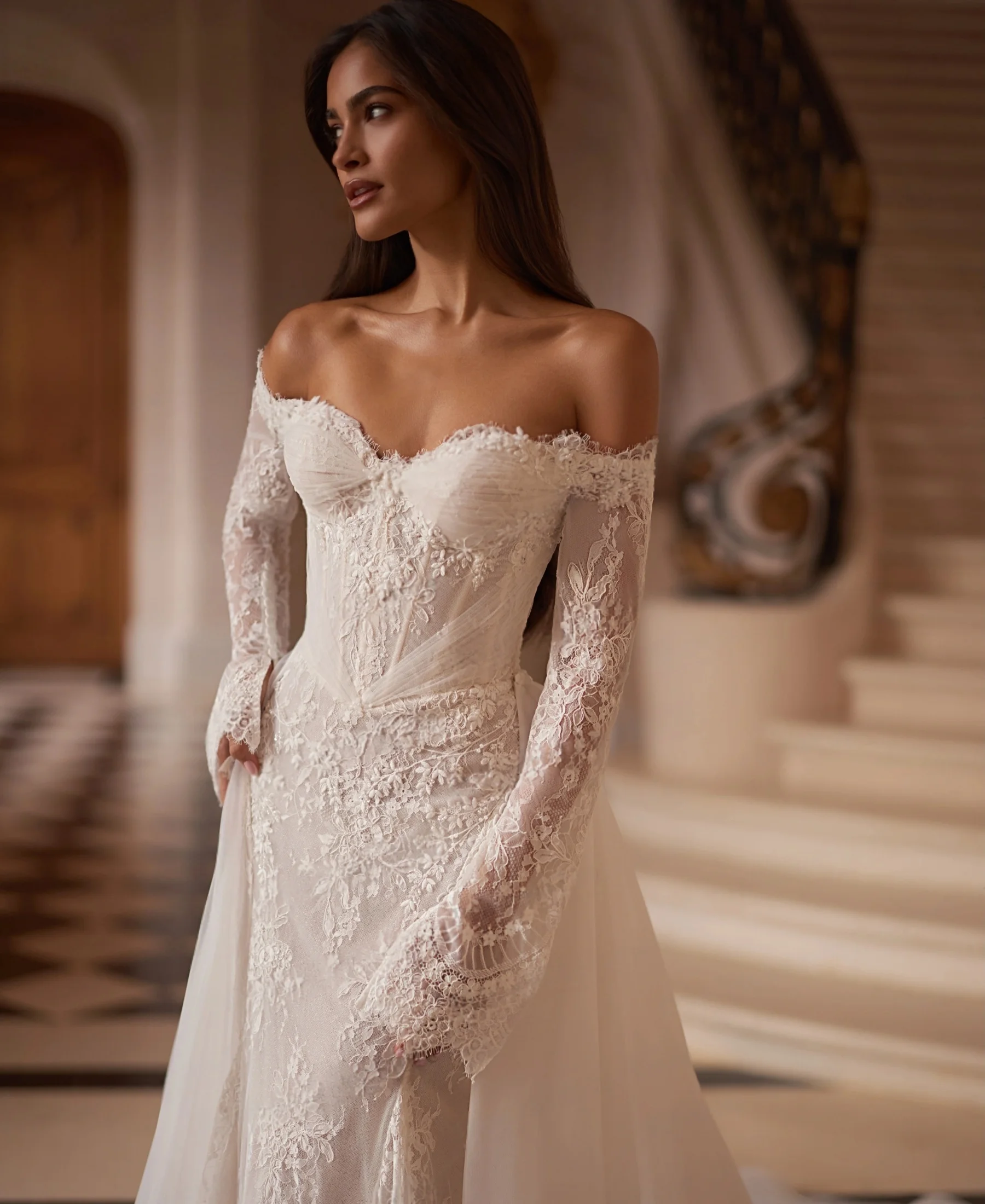 Lace Appliques Mermaid Wedding Dress With Detachable Train Graceful Romantic Off-the-shoulder Zipper Back Bridal Gown Customized