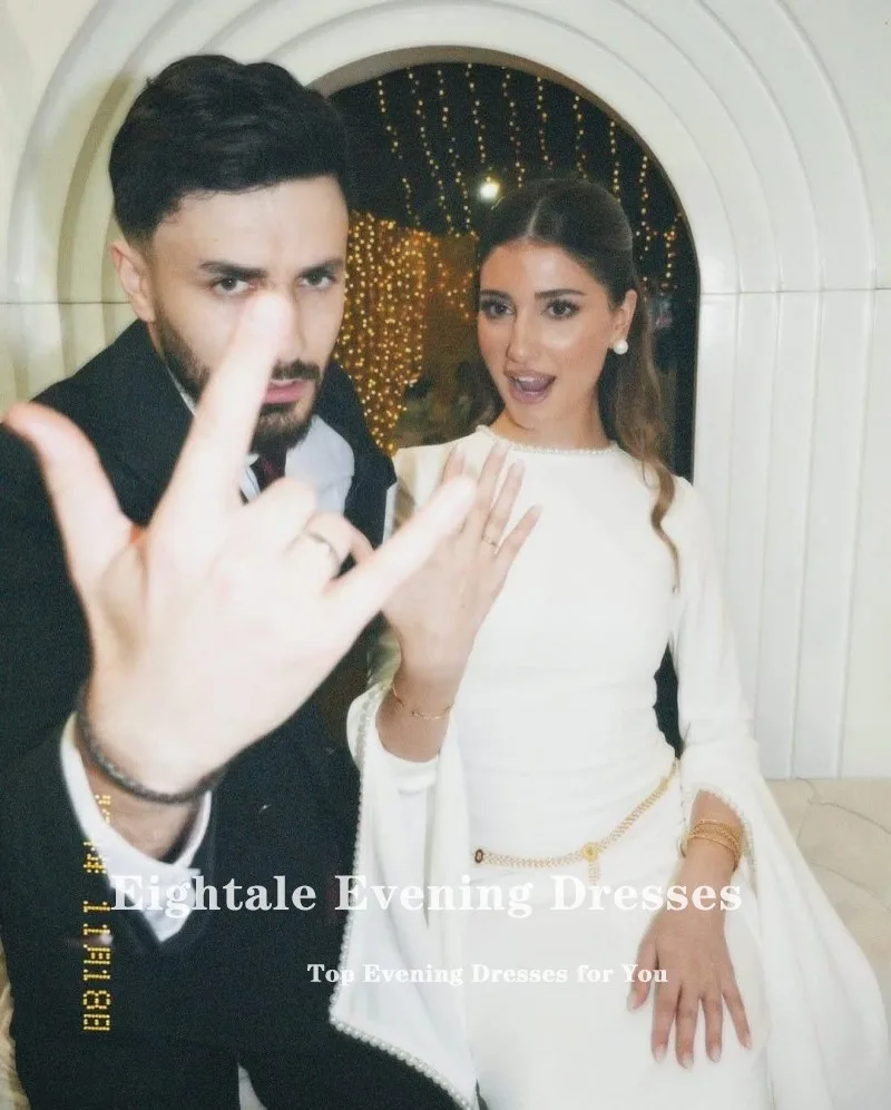 Eightale Strethy Satin Wedding Dress Beaded Pearls O-Neck Customized White Ivory Long Sleeves Arabic Bridal Gown Robe De Mariée