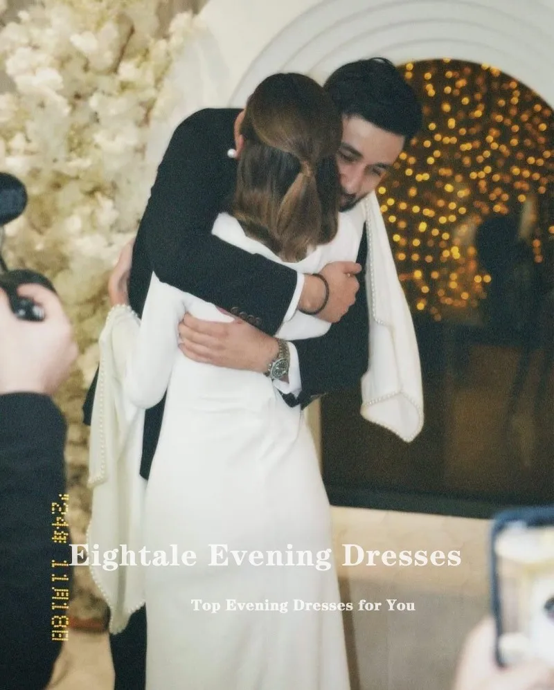 Eightale Strethy Satin Wedding Dress Beaded Pearls O-Neck Customized White Ivory Long Sleeves Arabic Bridal Gown Robe De Mariée