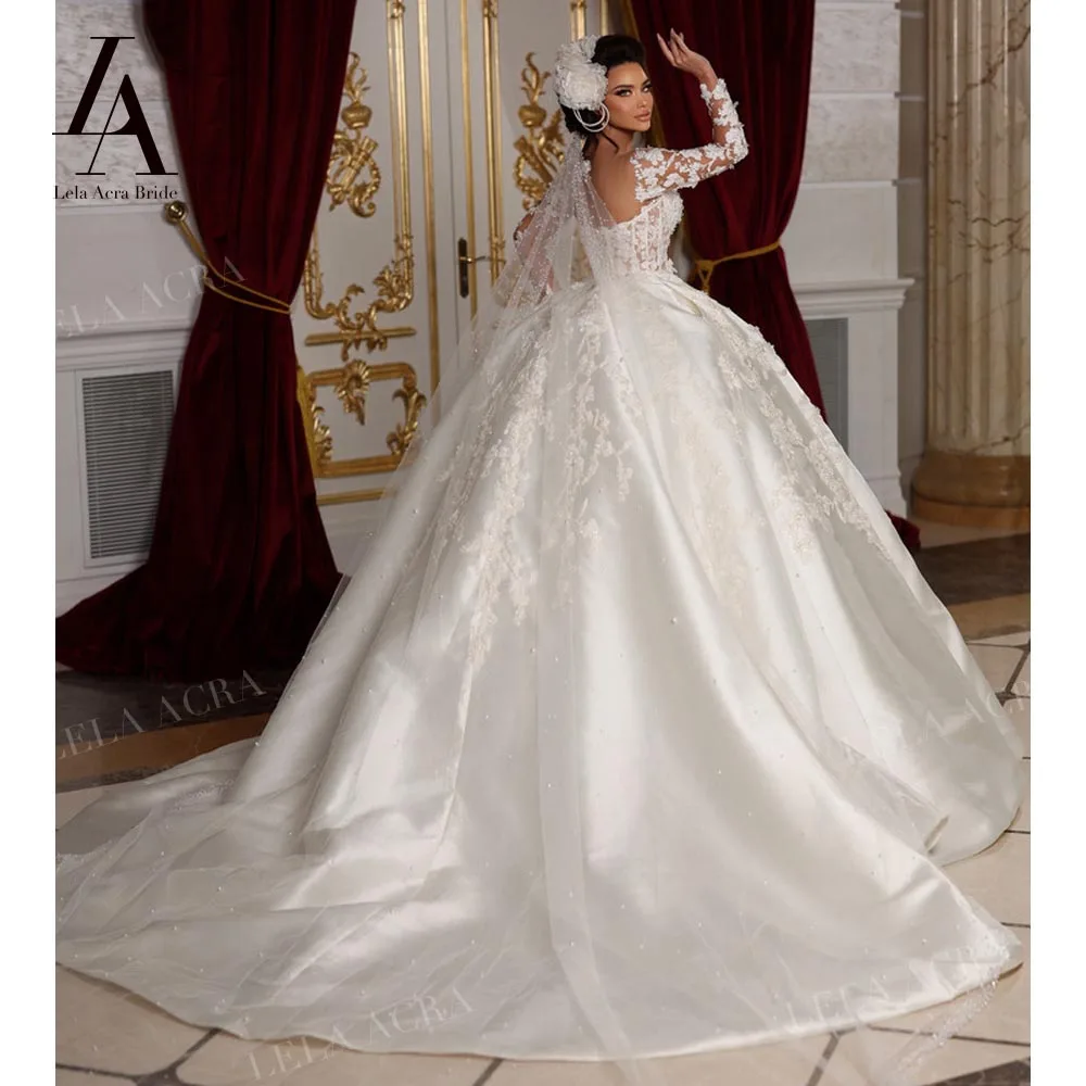 LelaAcra Ball Gown Wedding Dress 2026 Sweetheart Long Sleeve Satin Court Train Princess Bride SF65 Plus Size Vestido De Noiva