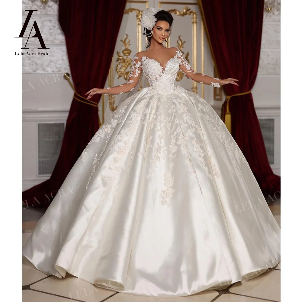 LelaAcra Ball Gown Wedding Dress 2026 Sweetheart Long Sleeve Satin Court Train Princess Bride SF65 Plus Size Vestido De Noiva