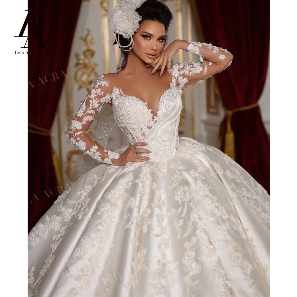 LelaAcra Ball Gown Wedding Dress 2026 Sweetheart Long Sleeve Satin Court Train Princess Bride SF65 Plus Size Vestido De Noiva