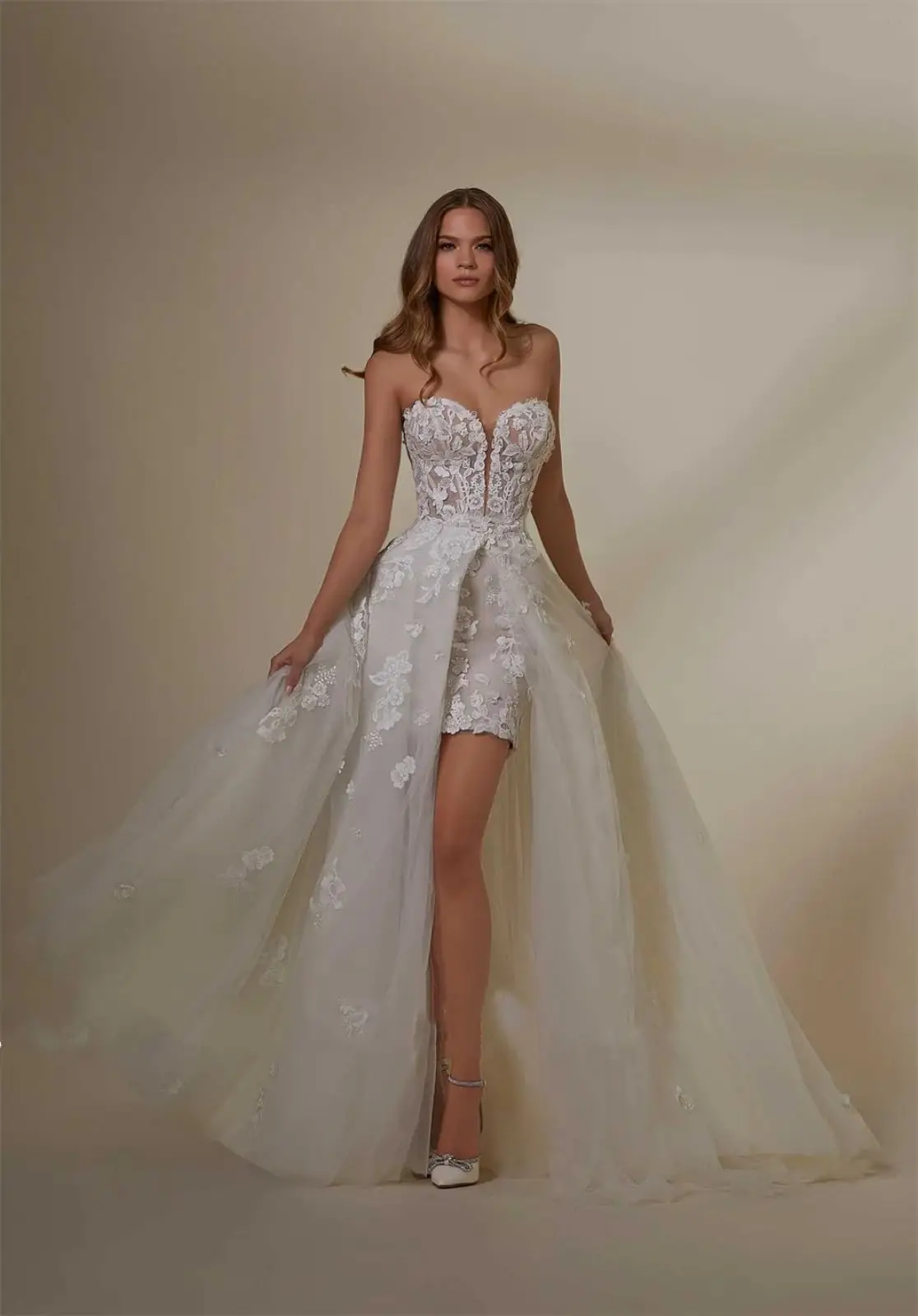 Short Wedding Dress Summer Wedding Gown for Women 2 Pcs Bridal Dress with Detachable Train Off Shoulder Bridal Gown