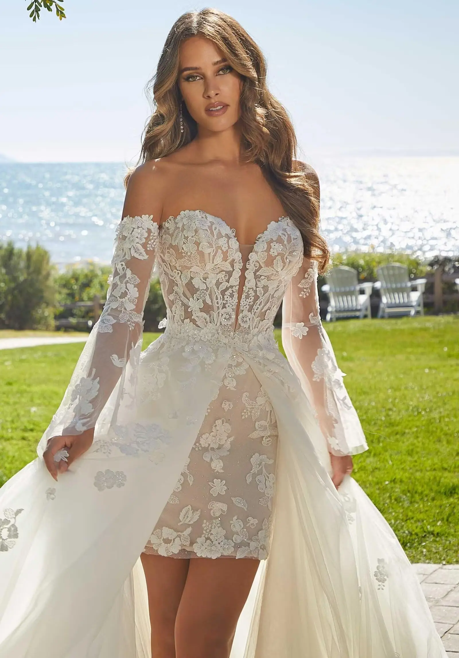 Short Wedding Dress Summer Wedding Gown for Women 2 Pcs Bridal Dress with Detachable Train Off Shoulder Bridal Gown