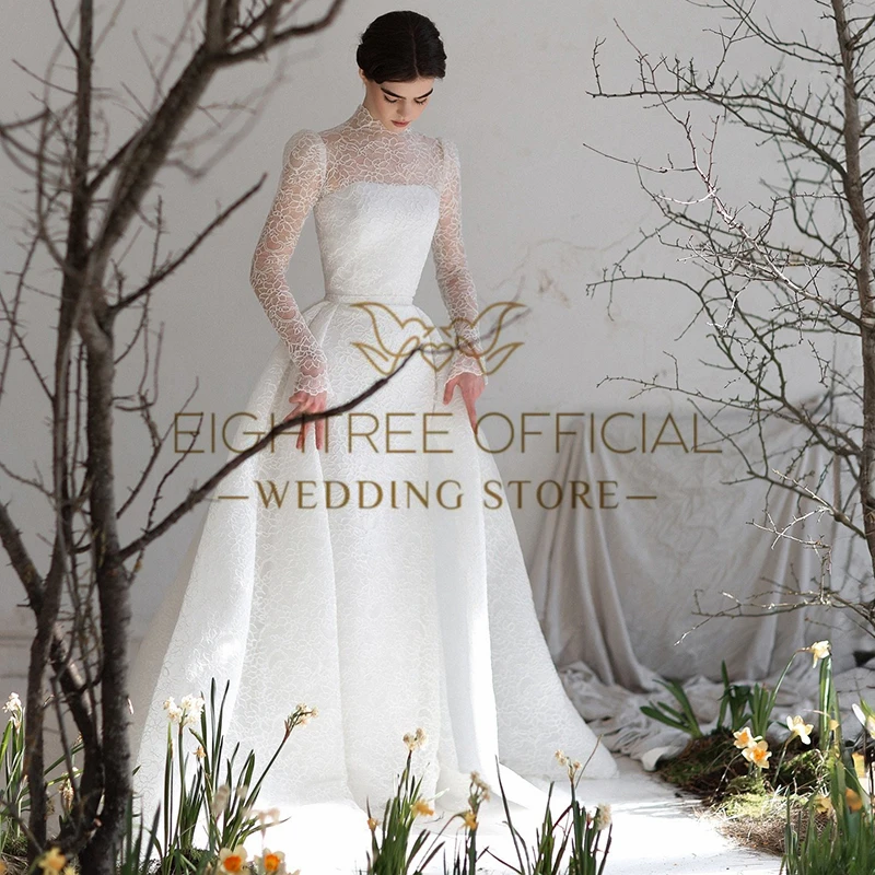 Eightree Elegant Mermaid Wedding Dresses 2025 High Neck Long Sleeves Lace Bridal Dress Formal Wedding Ball Prom Gowns Customized