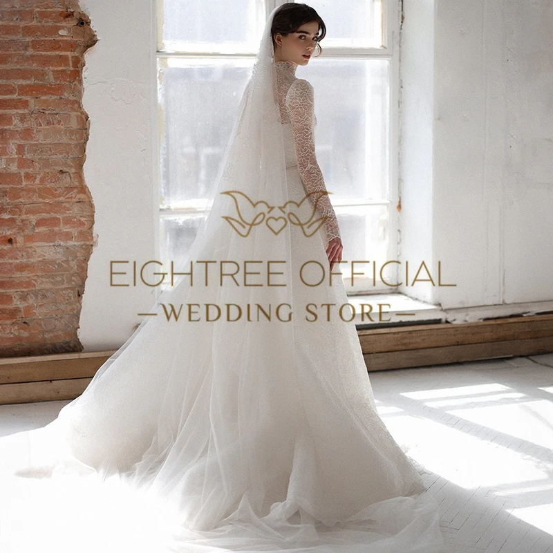 Eightree Elegant Mermaid Wedding Dresses 2025 High Neck Long Sleeves Lace Bridal Dress Formal Wedding Ball Prom Gowns Customized