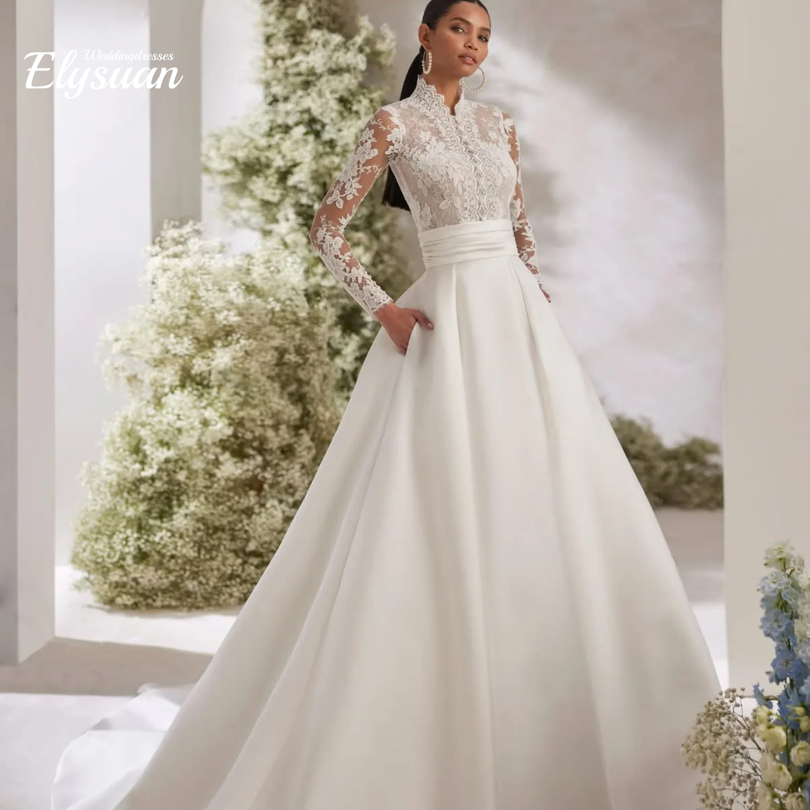 Customized Lace Appliques Wedding Dresses High Collar Long Sleeves A-Line Bridal Gowns Party Dress Vestidods De Novia
