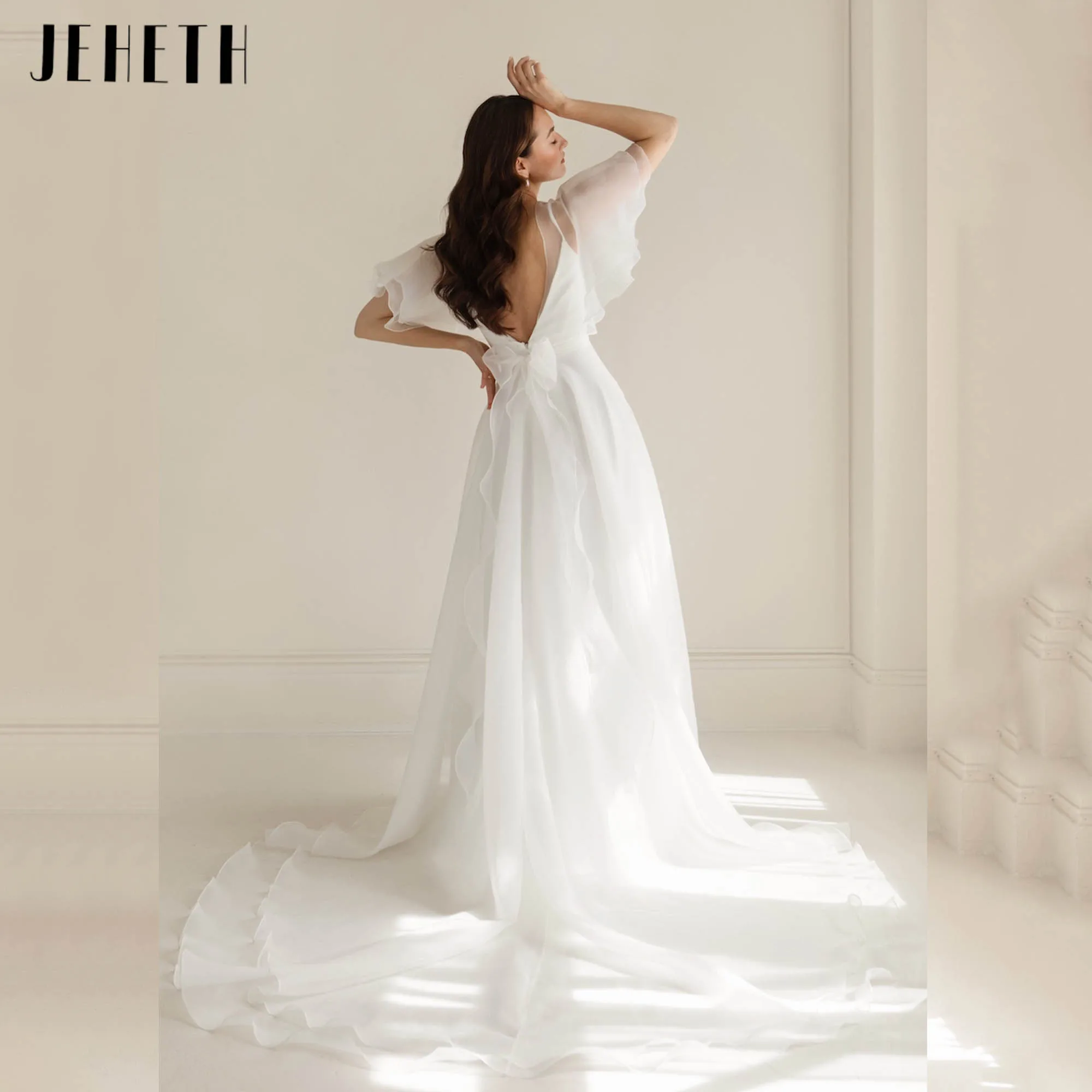 JEHETH Simplism Organza Wedding Dress With Batwing Sleeves A-line Elegant Bridal Gowns Backless Boho vestido de noiva Customized